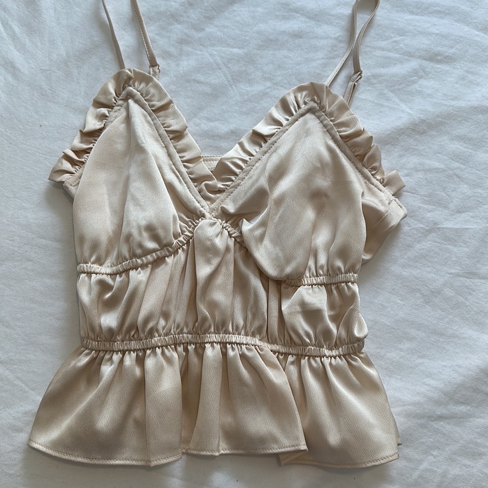 Asos Satin Ruched Ruffle Crop Tank Cream - Picture 3 of 5